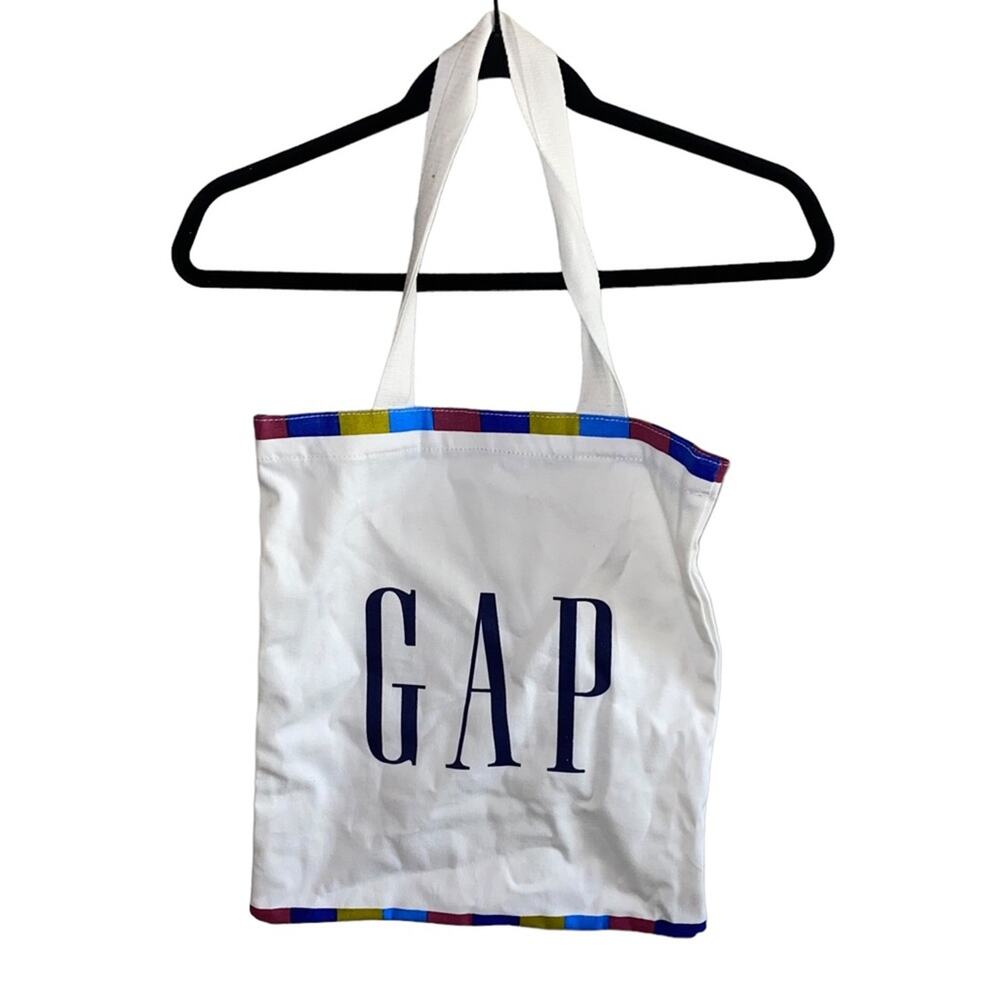 NWOT Logo Canvas Tote White Rainbow Trim Minimalist Shopper Reusable Carryall